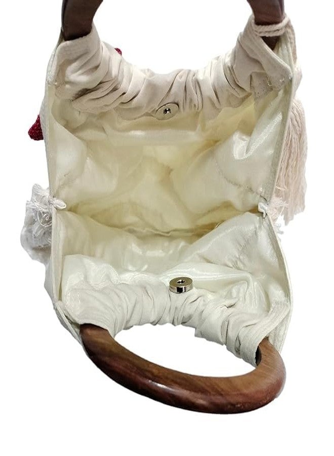 ATHZ handbags for women top handle bags with classic wodden handles jute flower, tassel, satin ribbon embellishment Jute| Cotton Fabric Bags (Off White, Onion Pink) - Image 3